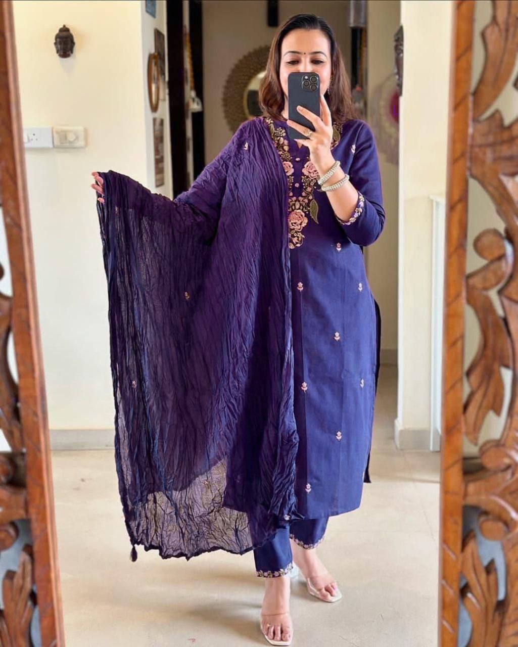 Premium purple floral Cotton kurta pant and dupatta  Traditional & Ceremonial Clothing