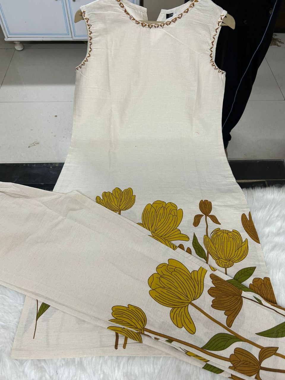 Premium white floral  beige Cotton kurta  Traditional & Ceremonial Clothing